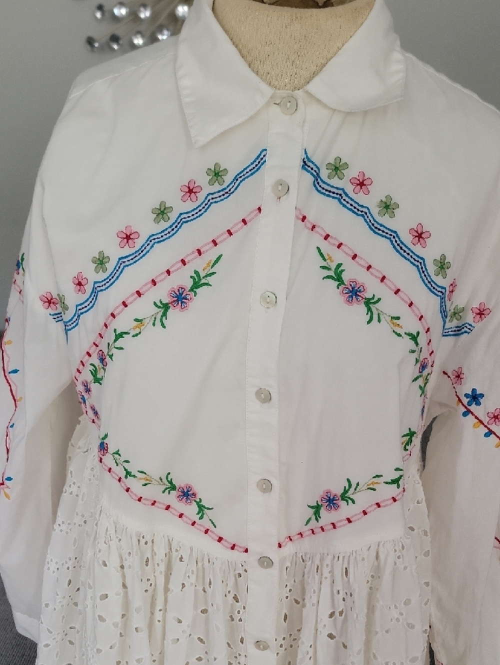 Anthropologie White Eyelet Midi Dress with Multicolor Floral Embroidery - Picture 2 of 6